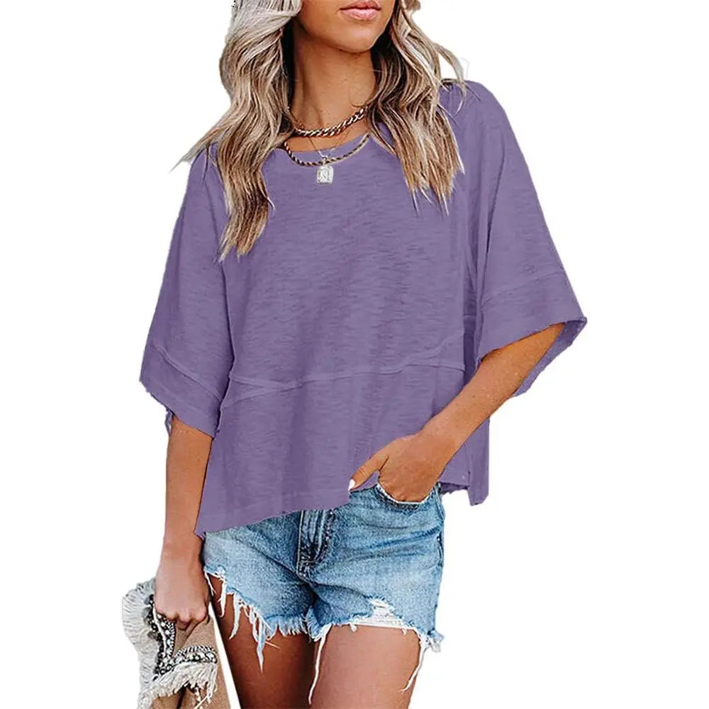 【LAST DAY SALE】Women's Casual Batwing Half Sleeve Crewneck Tee – Loose Fit Flowy Summer Top