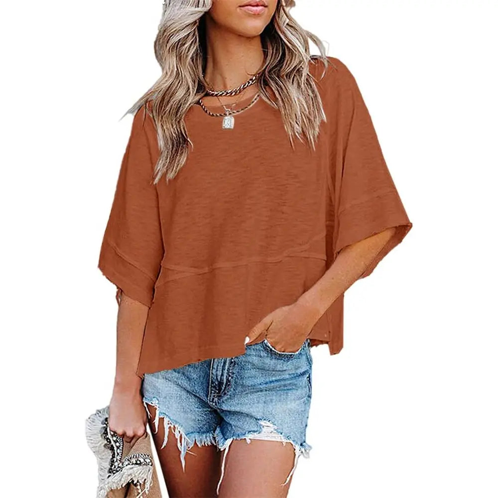 【LAST DAY SALE】Women's Casual Batwing Half Sleeve Crewneck Tee – Loose Fit Flowy Summer Top