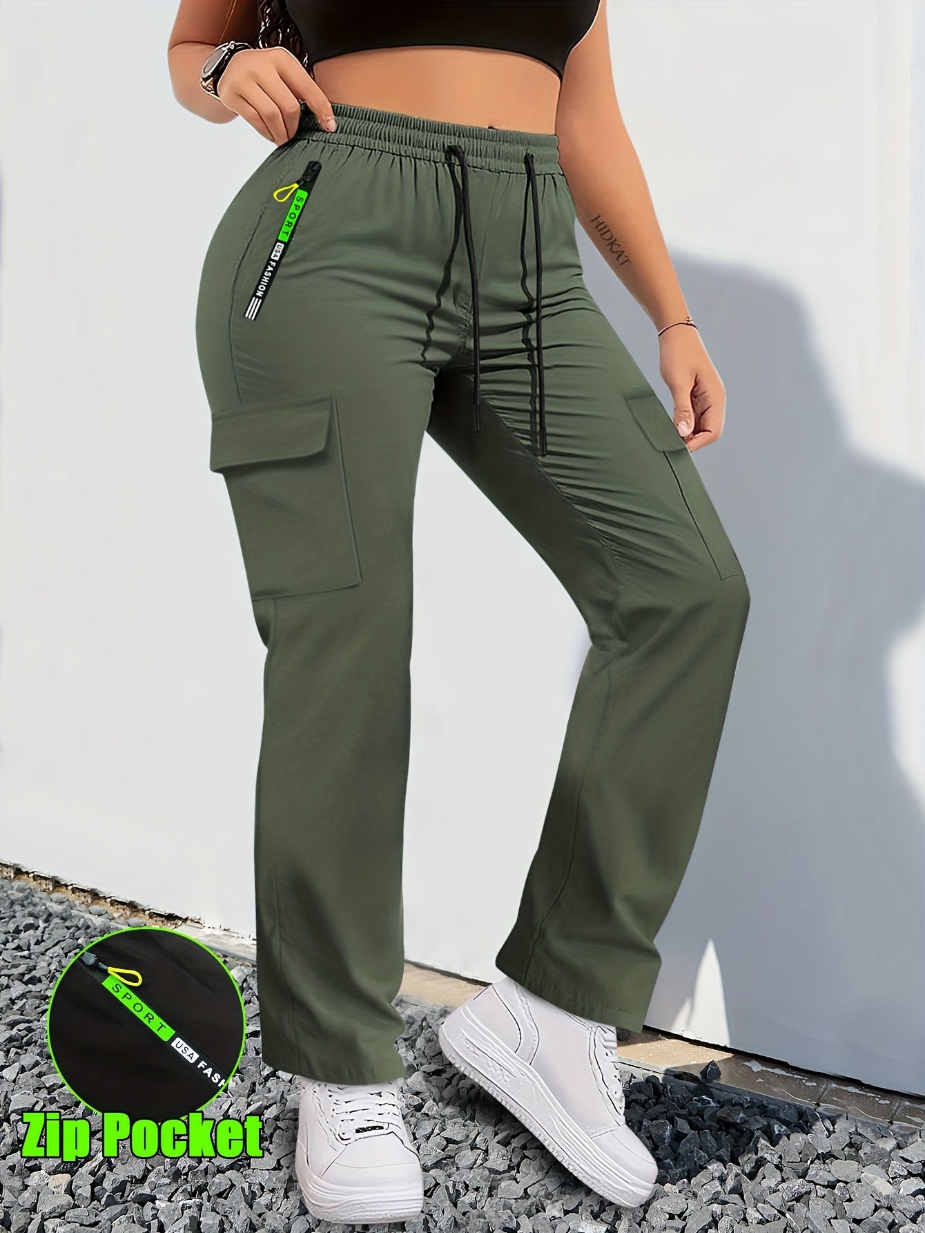【LAST DAY SALE】Women's Cargo Pants - Non-Stretchy Work Pants with Zipper Pocket, Drawstring Waist, All-Season Trousers for Hiking, Running