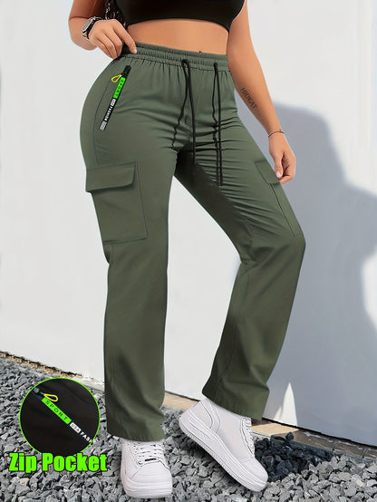 【LAST DAY SALE】Women's Cargo Pants - Non-Stretchy Work Pants with Zipper Pocket, Drawstring Waist, All-Season Trousers for Hiking, Running