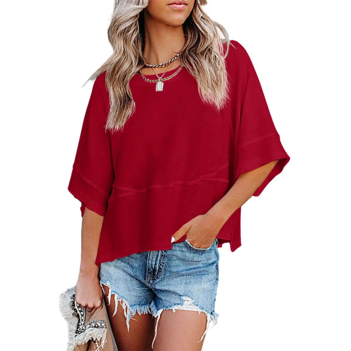 【LAST DAY SALE】Women's Casual Batwing Half Sleeve Crewneck Tee – Loose Fit Flowy Summer Top