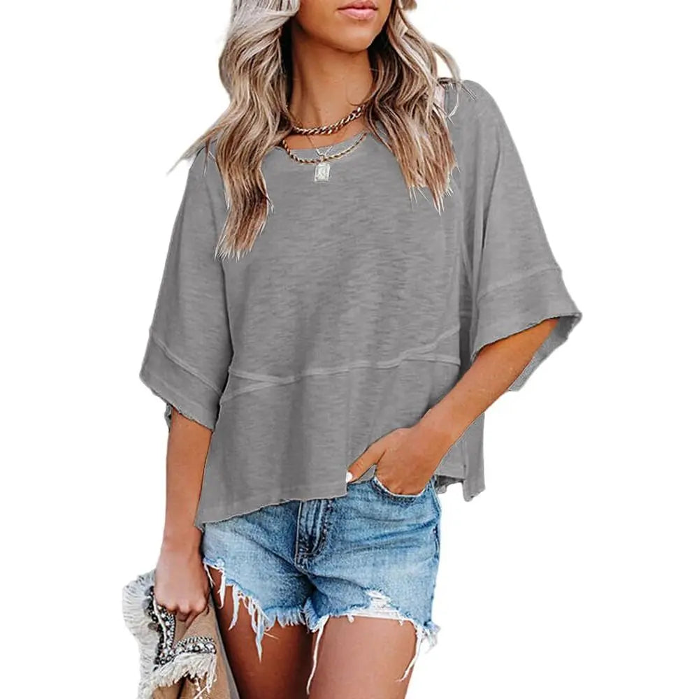【LAST DAY SALE】Women's Casual Batwing Half Sleeve Crewneck Tee – Loose Fit Flowy Summer Top