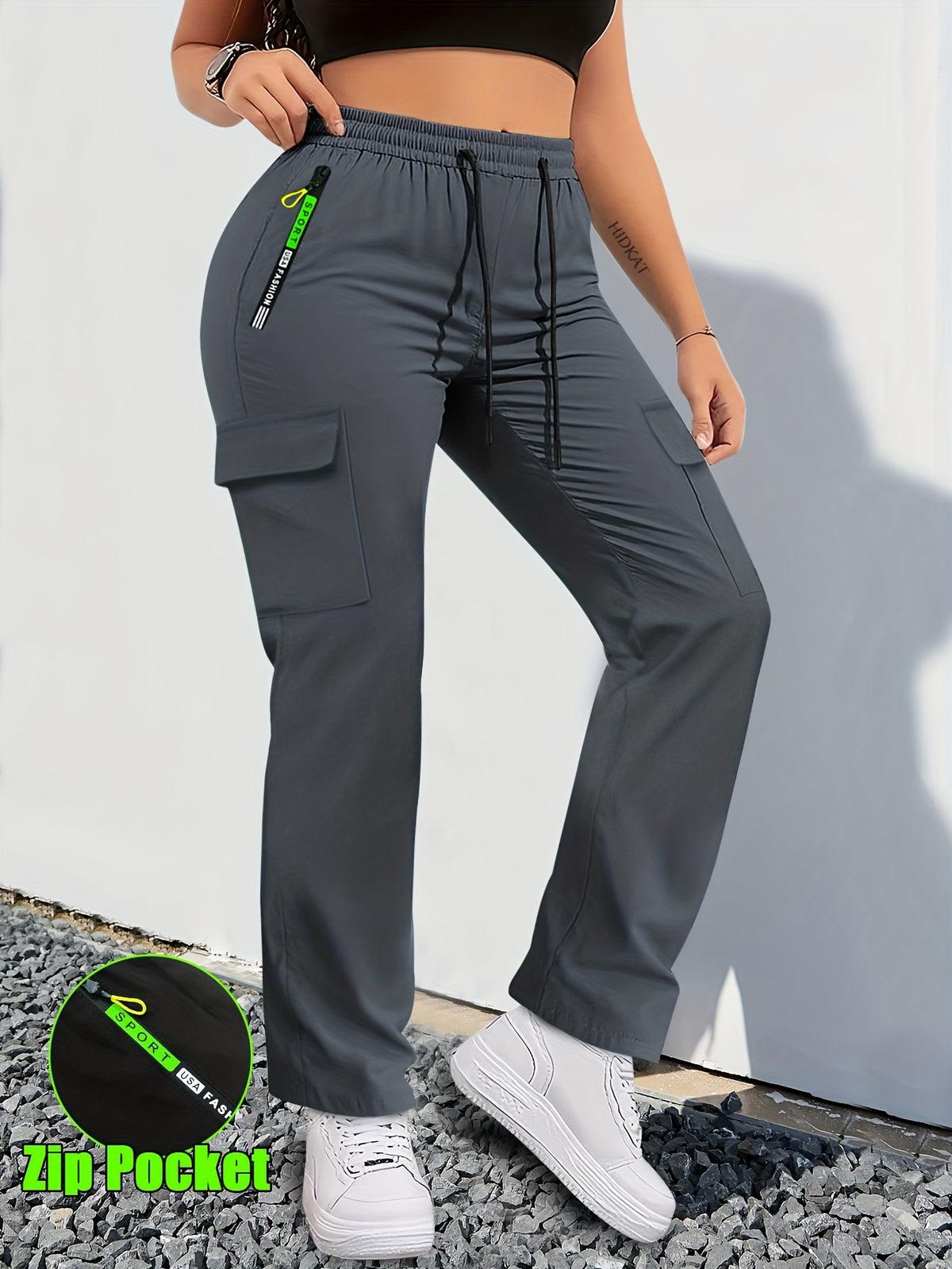 【LAST DAY SALE】Women's Cargo Pants - Non-Stretchy Work Pants with Zipper Pocket, Drawstring Waist, All-Season Trousers for Hiking, Running