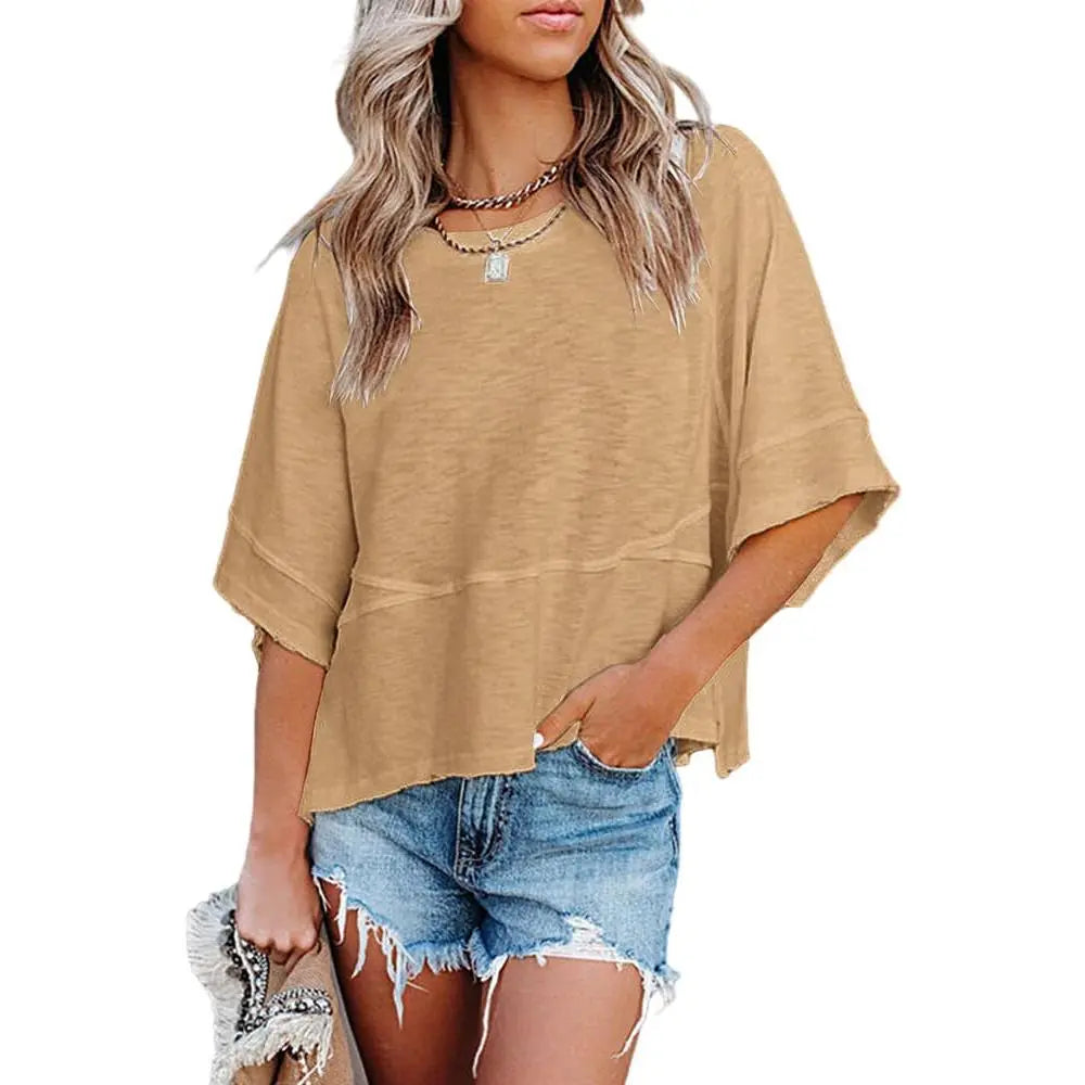 【LAST DAY SALE】Women's Casual Batwing Half Sleeve Crewneck Tee – Loose Fit Flowy Summer Top