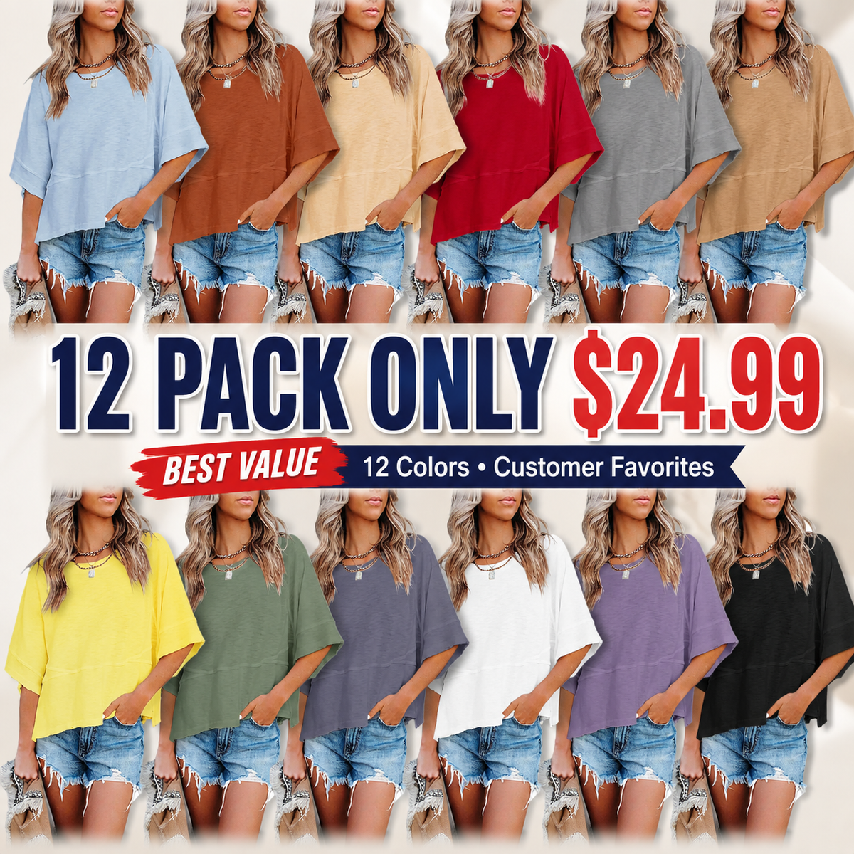 【LAST DAY SALE】Women's Casual Batwing Half Sleeve Crewneck Tee – Loose Fit Flowy Summer Top
