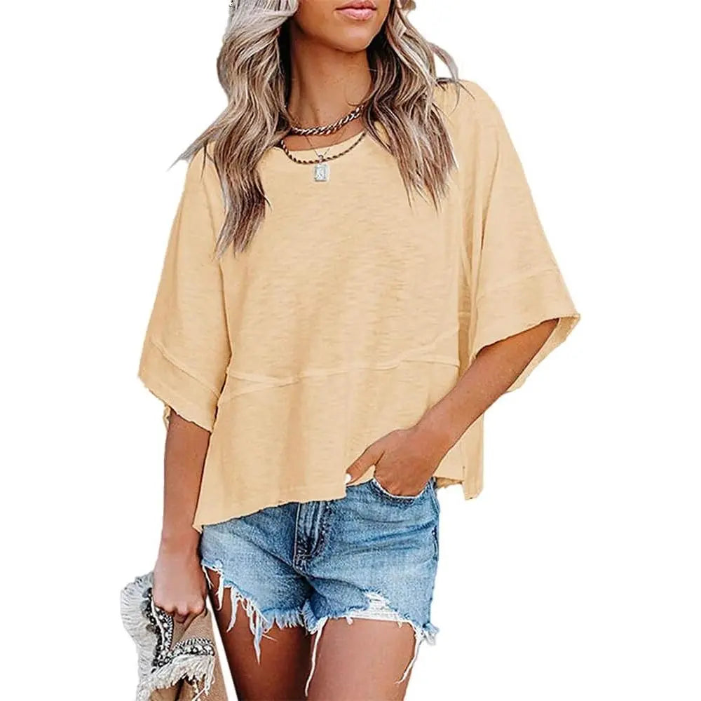 【LAST DAY SALE】Women's Casual Batwing Half Sleeve Crewneck Tee – Loose Fit Flowy Summer Top