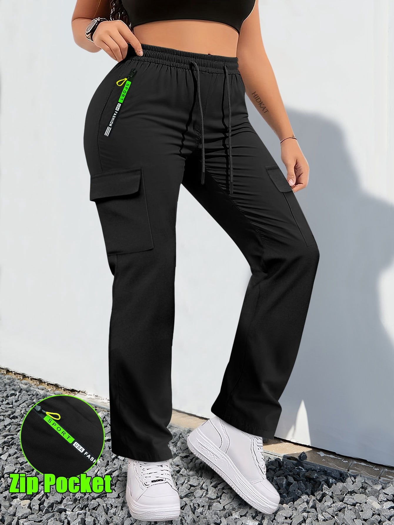 【LAST DAY SALE】Women's Cargo Pants - Non-Stretchy Work Pants with Zipper Pocket, Drawstring Waist, All-Season Trousers for Hiking, Running