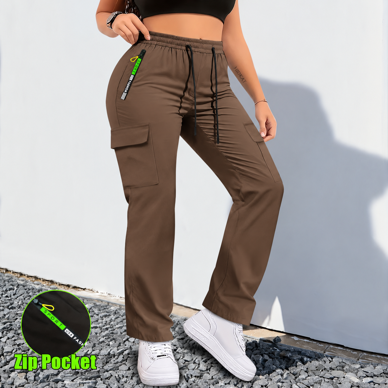 【LAST DAY SALE】Women's Cargo Pants - Non-Stretchy Work Pants with Zipper Pocket, Drawstring Waist, All-Season Trousers for Hiking, Running