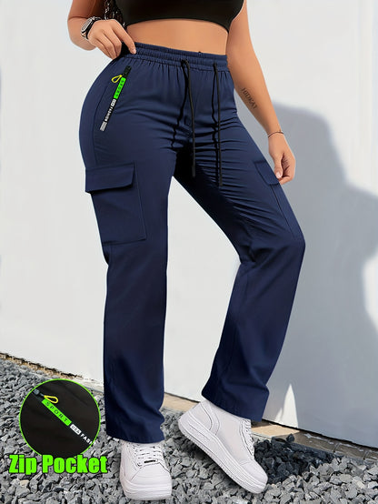 【LAST DAY SALE】Women's Cargo Pants - Non-Stretchy Work Pants with Zipper Pocket, Drawstring Waist, All-Season Trousers for Hiking, Running
